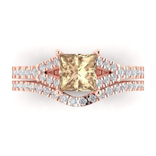 3.4 cttw Princess Cut Yellow Moissanite Bridal Set - Solid Rose Gold Engagement Ring & Wedding Band