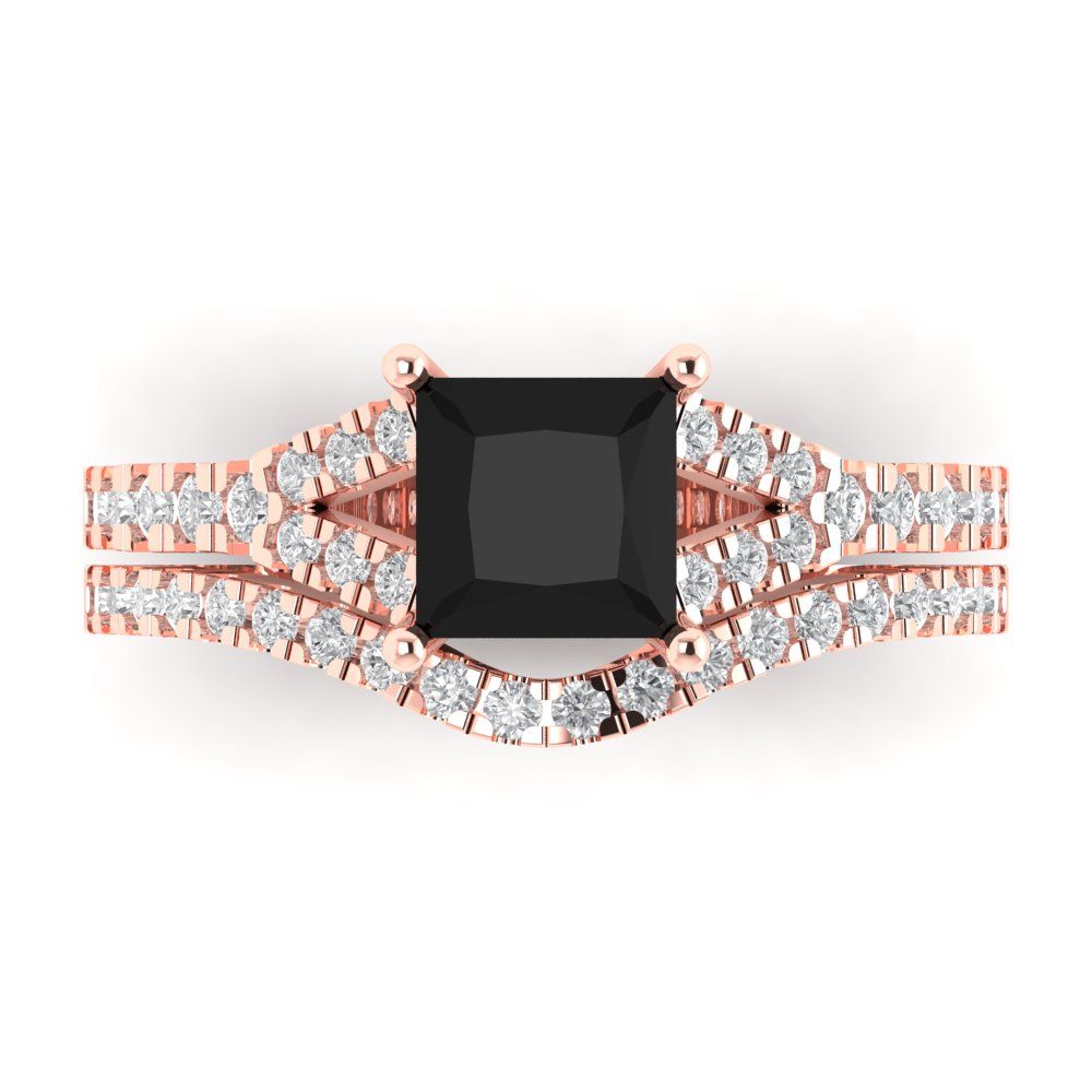 3.4 cttw Princess Cut Natural Onyx Bridal Set - Solid Rose Gold Engagement Ring & Wedding Band