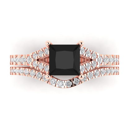 3.4 cttw Princess Cut Natural Onyx Bridal Set - Solid Rose Gold Engagement Ring & Wedding Band