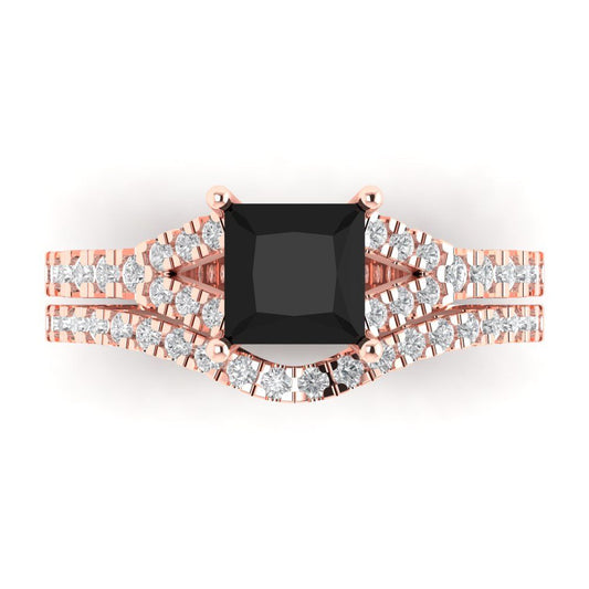3.4 cttw Princess Cut Natural Onyx Bridal Set - Solid Rose Gold Engagement Ring & Wedding Band