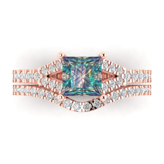 3.4 cttw Princess Cut Blue Moissanite Bridal Set - Solid Rose Gold Engagement Ring & Wedding Band