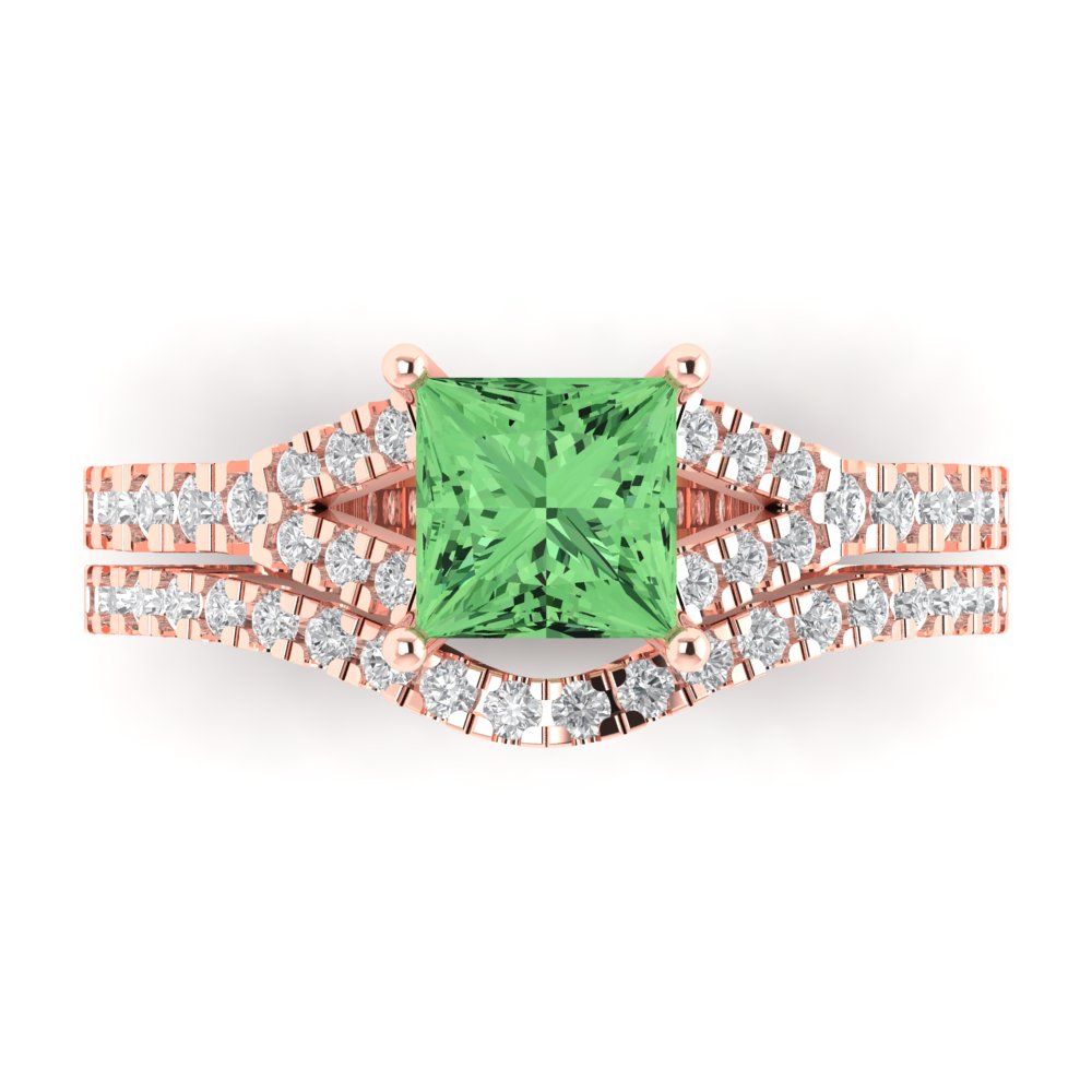 3.4 cttw Princess Cut Simulated Green Diamond Bridal Set - Solid Rose Gold Engagement Ring & Wedding Band
