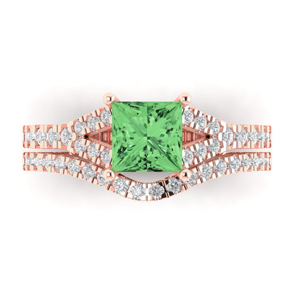 3.4 cttw Princess Cut Simulated Green Diamond Bridal Set - Solid Rose Gold Engagement Ring & Wedding Band