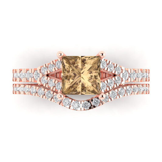 3.4 cttw Princess Cut Simulated Champagne Diamond Bridal Set - Solid Rose Gold Engagement Ring & Wedding Band