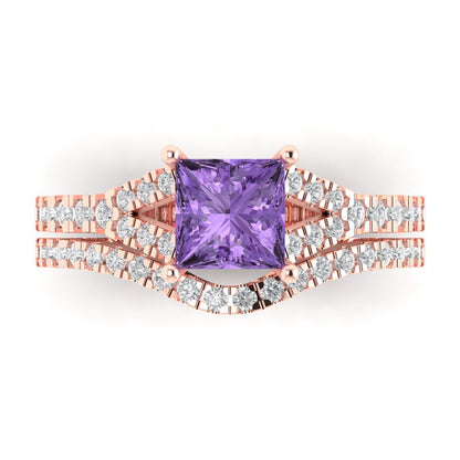 3.4 cttw Princess Cut Simulated Alexandrite Bridal Set - Solid Rose Gold Engagement Ring & Wedding Band