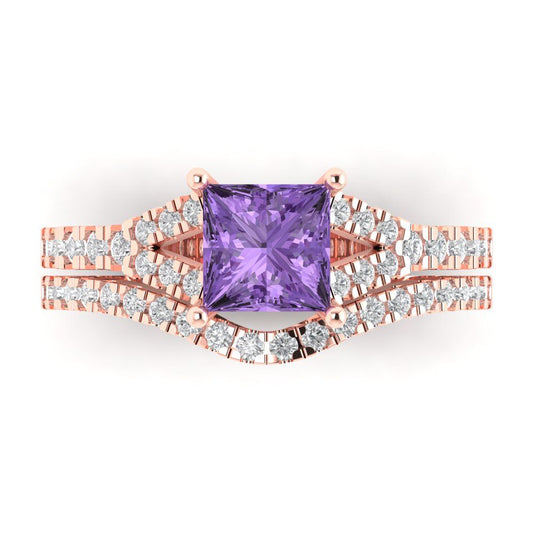 3.4 cttw Princess Cut Simulated Alexandrite Bridal Set - Solid Rose Gold Engagement Ring & Wedding Band