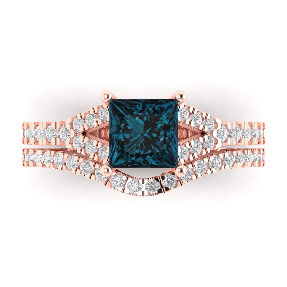 3.4 cttw Princess Cut Natural London Blue Topaz Bridal Set - Solid Rose Gold Engagement Ring & Wedding Band