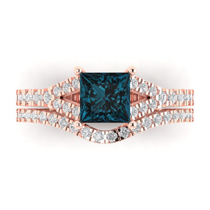 3.4 cttw Princess Cut Natural London Blue Topaz Bridal Set - Solid Rose Gold Engagement Ring & Wedding Band