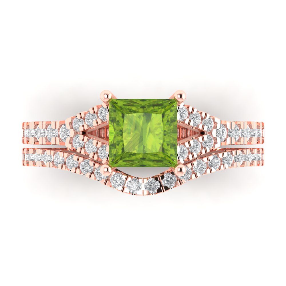 3.4 cttw Princess Cut Natural Peridot Bridal Set - Solid Rose Gold Engagement Ring & Wedding Band