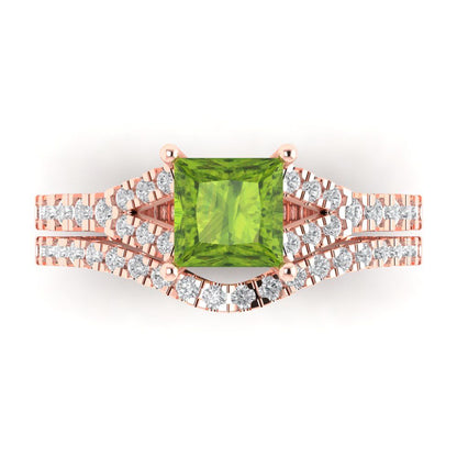 3.4 cttw Princess Cut Natural Peridot Bridal Set - Solid Rose Gold Engagement Ring & Wedding Band