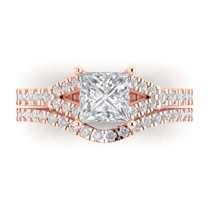 3.4 cttw Princess Cut White Sapphire Bridal Set - Solid Rose Gold Engagement Ring & Wedding Band