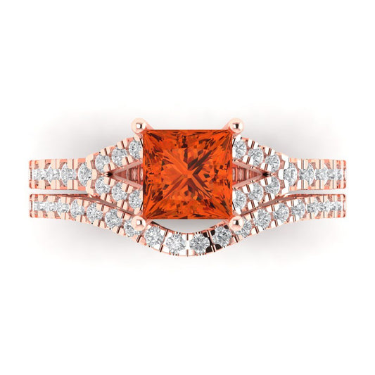 3.4 cttw Princess Cut Simulated Red Diamond Bridal Set - Solid Rose Gold Engagement Ring & Wedding Band