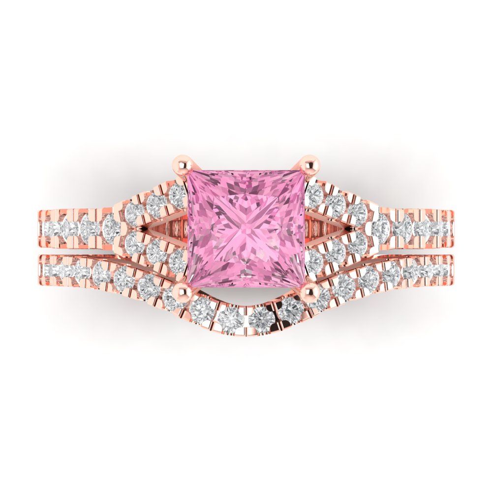 3.4 cttw Princess Cut Simulated Pink Diamond Bridal Set - Solid Rose Gold Engagement Ring & Wedding Band
