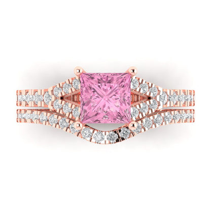 3.4 cttw Princess Cut Simulated Pink Diamond Bridal Set - Solid Rose Gold Engagement Ring & Wedding Band