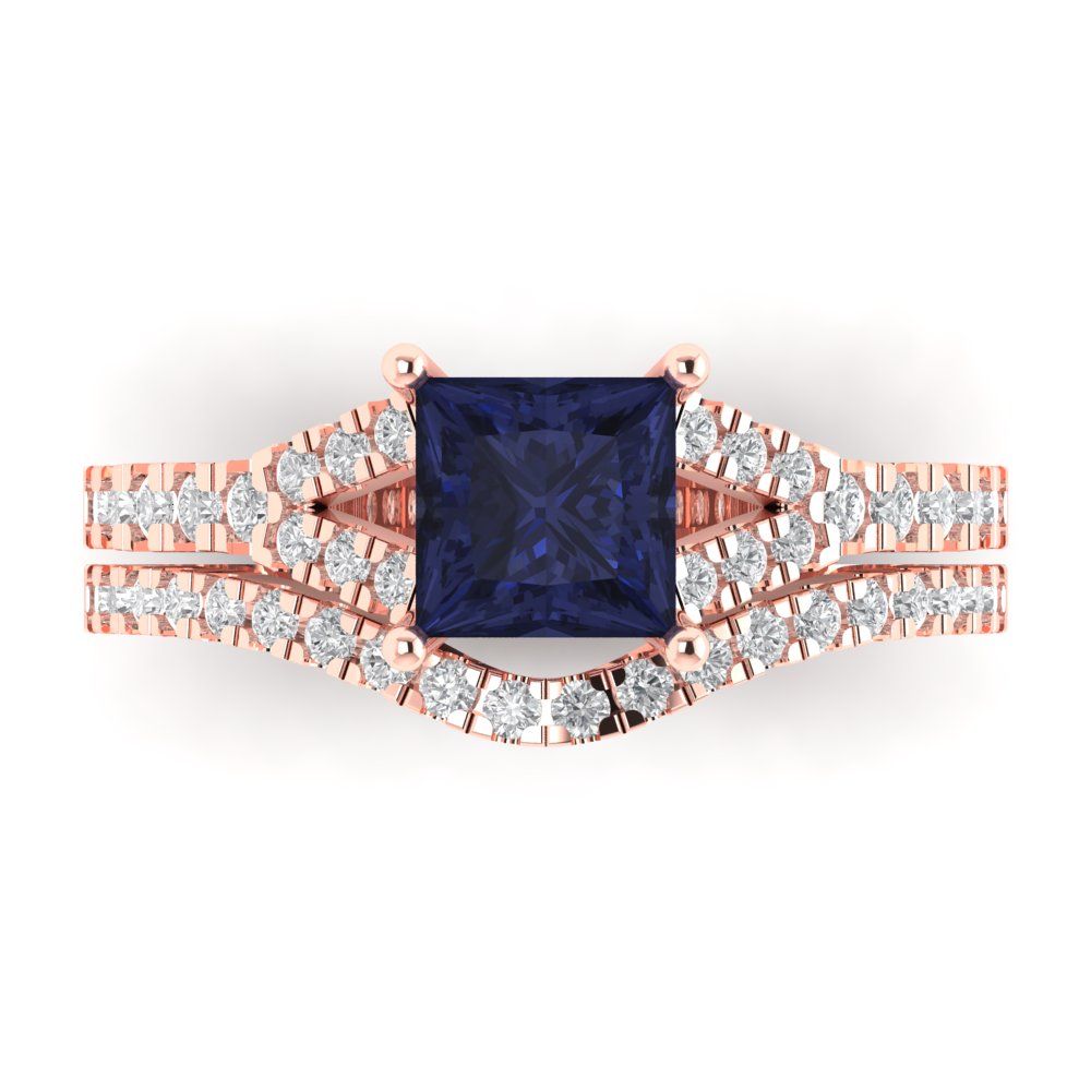3.4 cttw Princess Cut Simulated Blue Sapphire Bridal Set - Solid Rose Gold Engagement Ring & Wedding Band