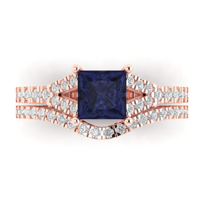 3.4 cttw Princess Cut Simulated Blue Sapphire Bridal Set - Solid Rose Gold Engagement Ring & Wedding Band