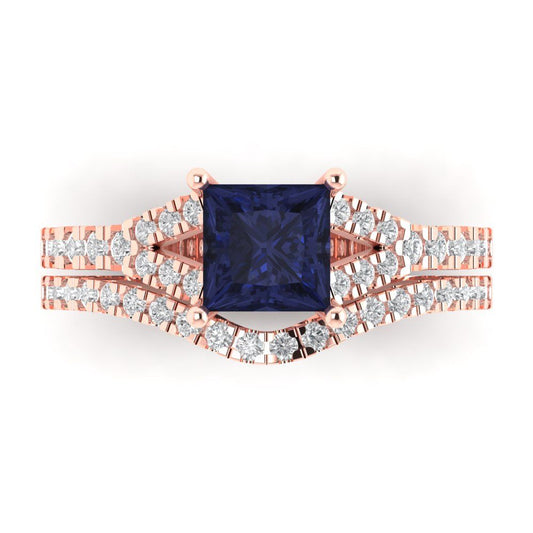 3.4 cttw Princess Cut Simulated Blue Sapphire Bridal Set - Solid Rose Gold Engagement Ring & Wedding Band