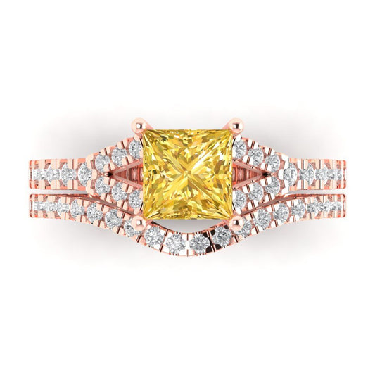 3.4 cttw Princess Cut Natural Citrine Bridal Set - Solid Rose Gold Engagement Ring & Wedding Band