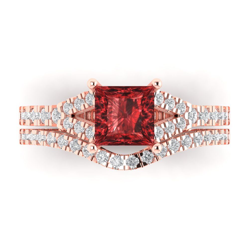 3.4 cttw Princess Cut Natural Garnet Bridal Set - Solid Rose Gold Engagement Ring & Wedding Band