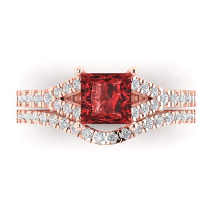 3.4 cttw Princess Cut Natural Garnet Bridal Set - Solid Rose Gold Engagement Ring & Wedding Band