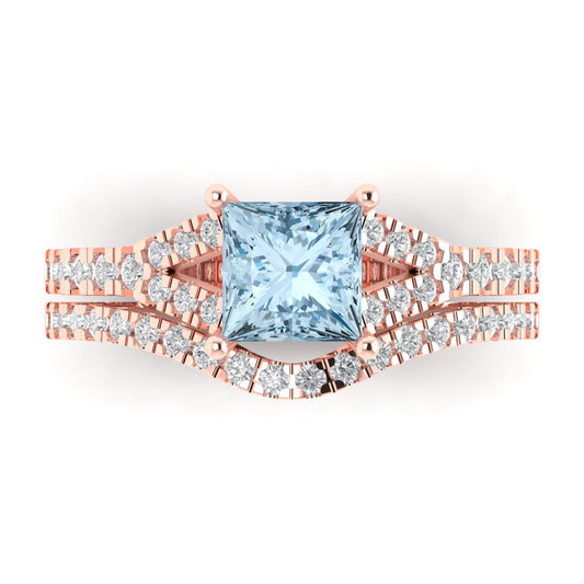 3.4 cttw Princess Cut Simulated Blue Diamond Bridal Set - Solid Rose Gold Engagement Ring & Wedding Band