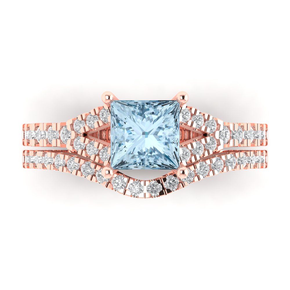 3.4 cttw Princess Cut Natural Aquamarine Bridal Set - Solid Rose Gold Engagement Ring & Wedding Band