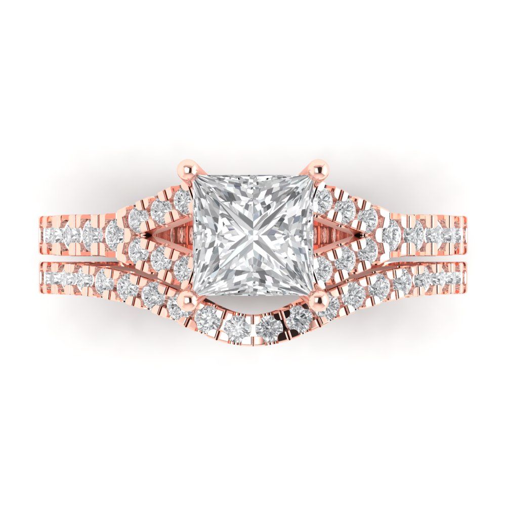 3.4 cttw Princess Cut Moissanite Bridal Set - Solid Rose Gold Engagement Ring & Wedding Band