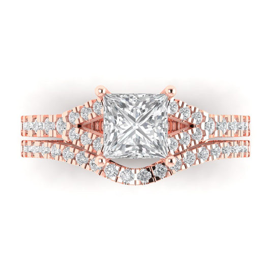 3.4 cttw Princess Cut Moissanite Bridal Set - Solid Rose Gold Engagement Ring & Wedding Band