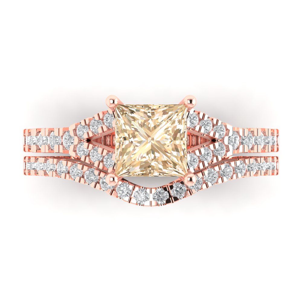 3.4 cttw Princess Cut Natural Morganite Bridal Set - Solid Rose Gold Engagement Ring & Wedding Band