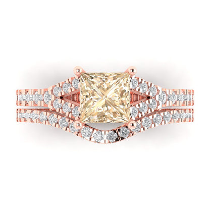 3.4 cttw Princess Cut Natural Morganite Bridal Set - Solid Rose Gold Engagement Ring & Wedding Band