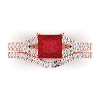3.4 cttw Princess Cut Simulated Ruby Bridal Set - Solid Rose Gold Engagement Ring & Wedding Band