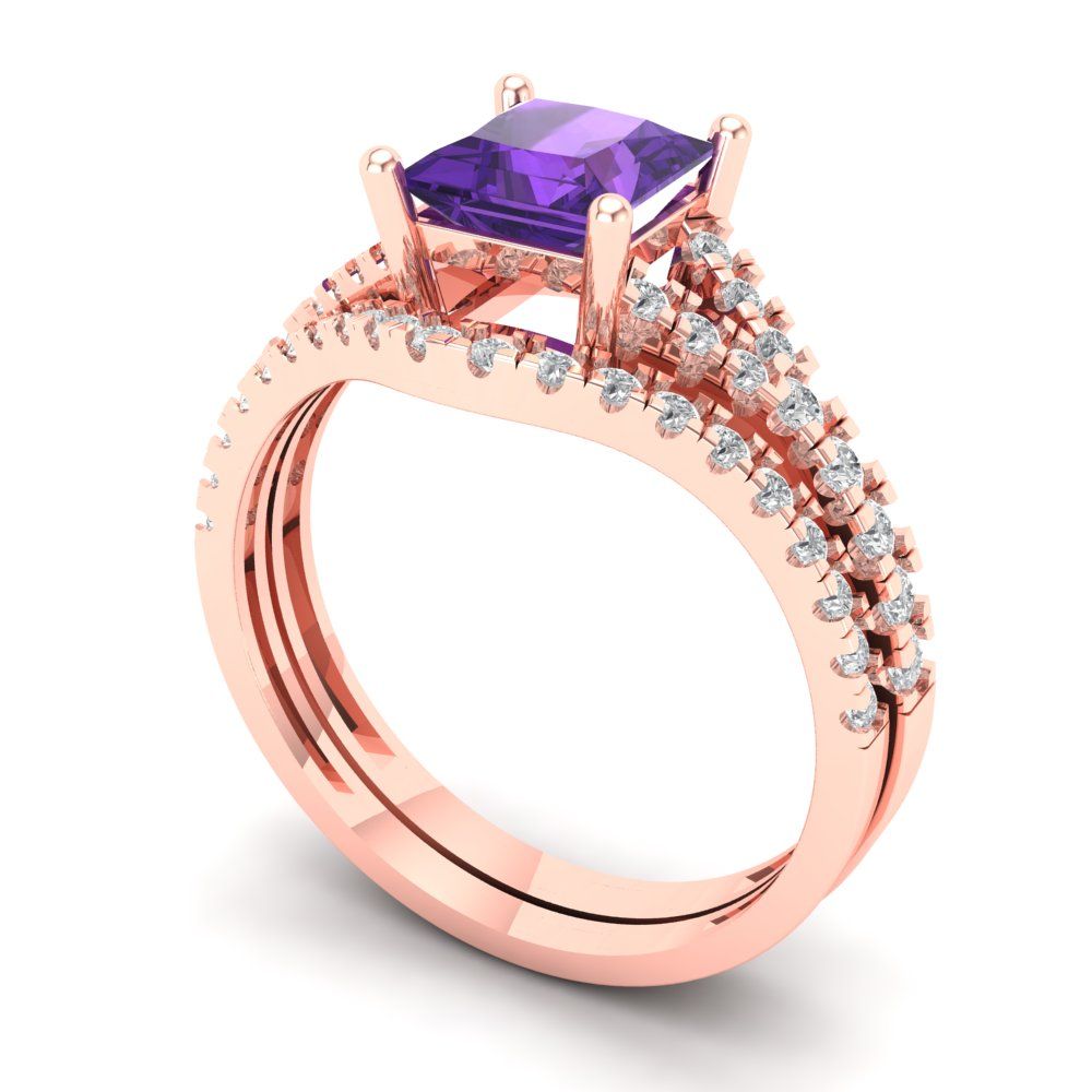 3.4 cttw Princess Cut Natural Amethyst Bridal Set - Solid Rose Gold Engagement Ring & Wedding Band