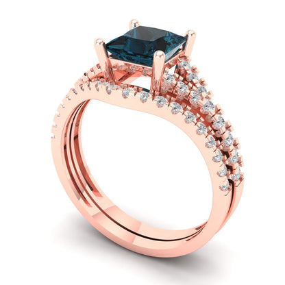 3.4 cttw Princess Cut Natural London Blue Topaz Bridal Set - Solid Rose Gold Engagement Ring & Wedding Band