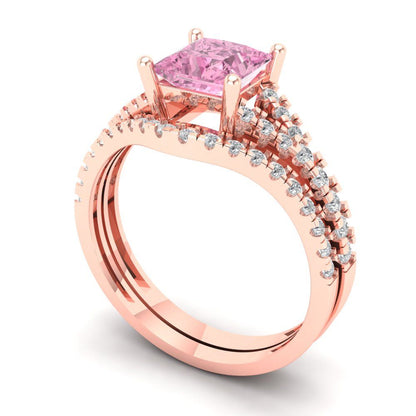 3.4 cttw Princess Cut Simulated Pink Diamond Bridal Set - Solid Rose Gold Engagement Ring & Wedding Band