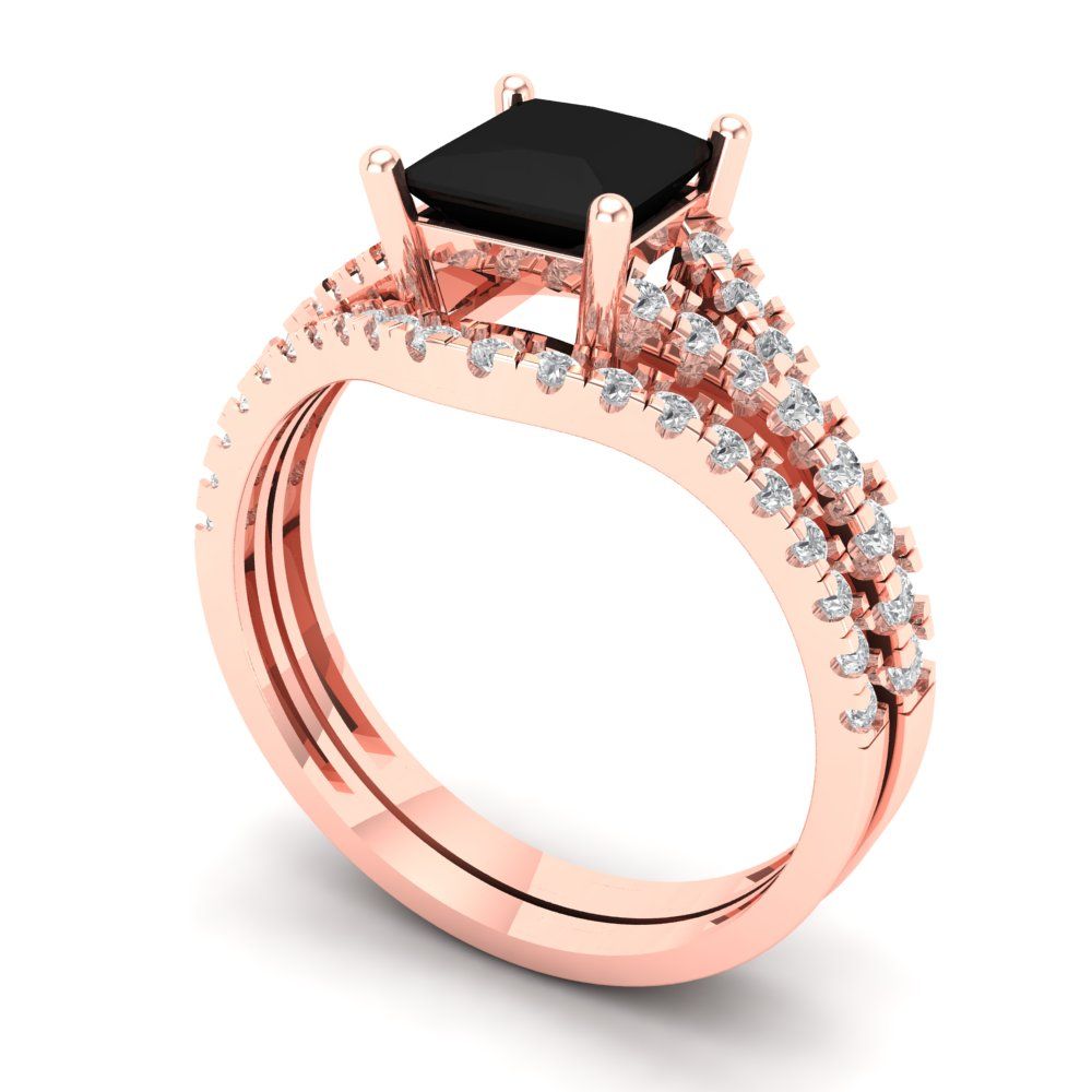 3.4 cttw Princess Cut Natural Onyx Bridal Set - Solid Rose Gold Engagement Ring & Wedding Band