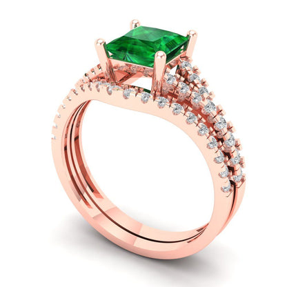 3.4 cttw Princess Cut Simulated Emerald Bridal Set - Solid Rose Gold Engagement Ring & Wedding Band