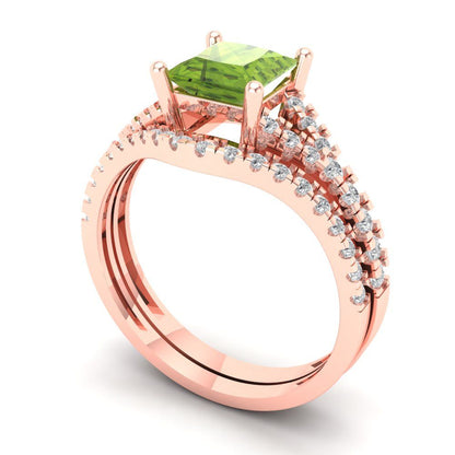 3.4 cttw Princess Cut Natural Peridot Bridal Set - Solid Rose Gold Engagement Ring & Wedding Band