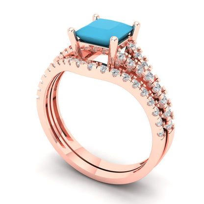 3.4 cttw Princess Cut Simulated Turquoise Bridal Set - Solid Rose Gold Engagement Ring & Wedding Band