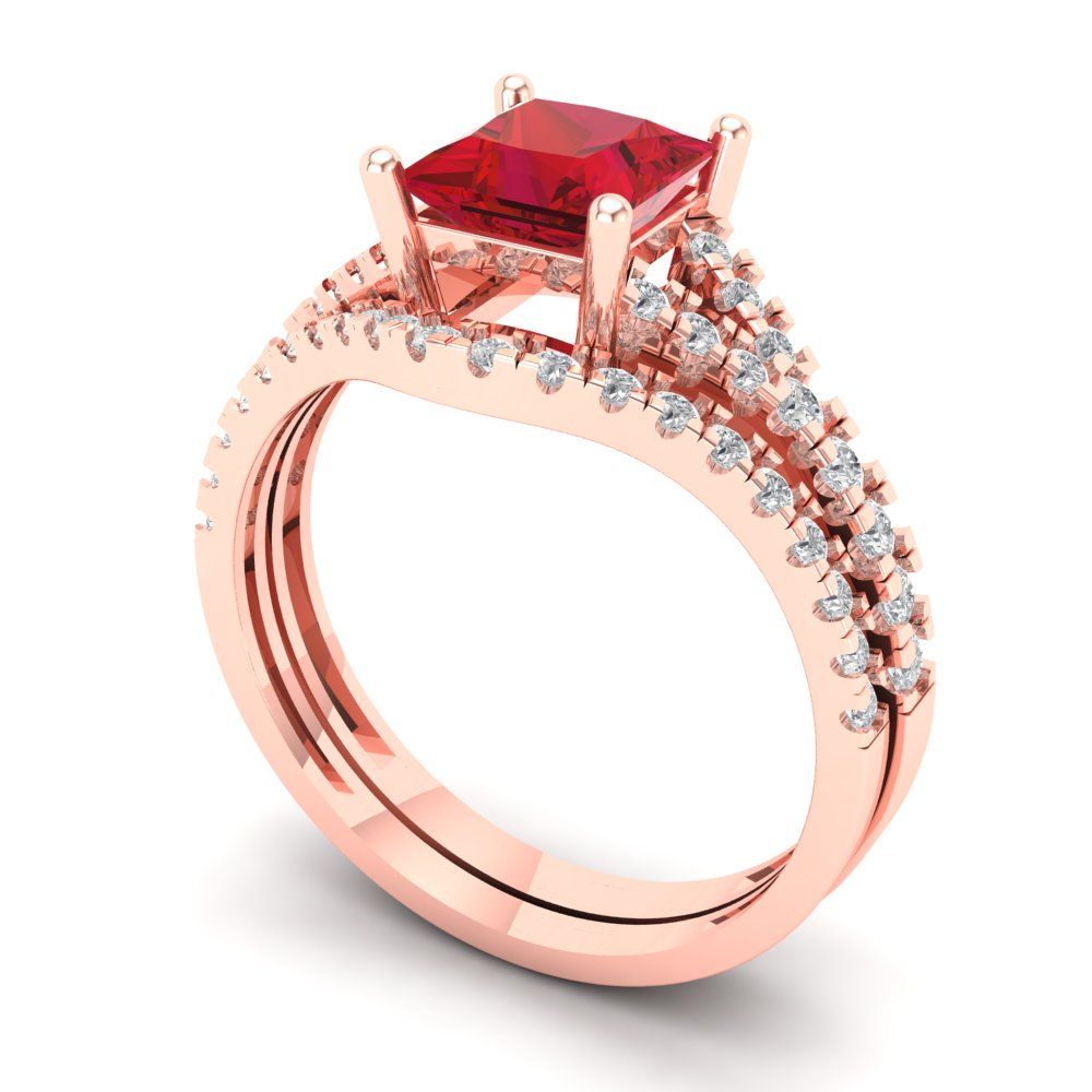 3.4 cttw Princess Cut Simulated Pink Tourmaline Bridal Set - Solid Rose Gold Engagement Ring & Wedding Band