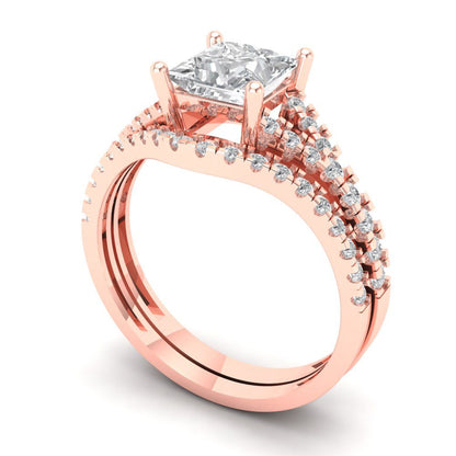 3.4 cttw Princess Cut White Sapphire Bridal Set - Solid Rose Gold Engagement Ring & Wedding Band
