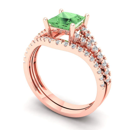 3.4 cttw Princess Cut Simulated Green Diamond Bridal Set - Solid Rose Gold Engagement Ring & Wedding Band