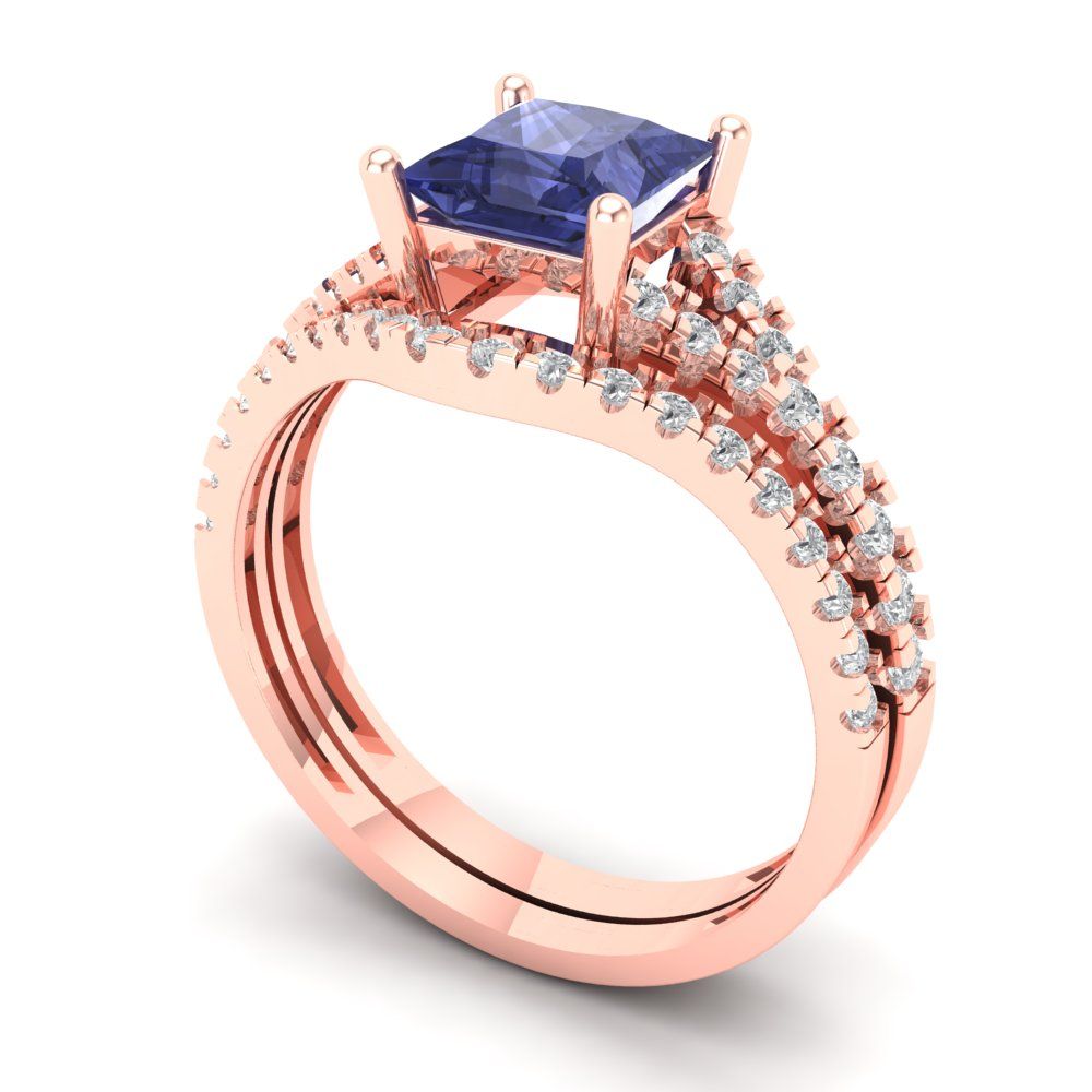 3.4 cttw Princess Cut Simulated Tanzanite Bridal Set - Solid Rose Gold Engagement Ring & Wedding Band