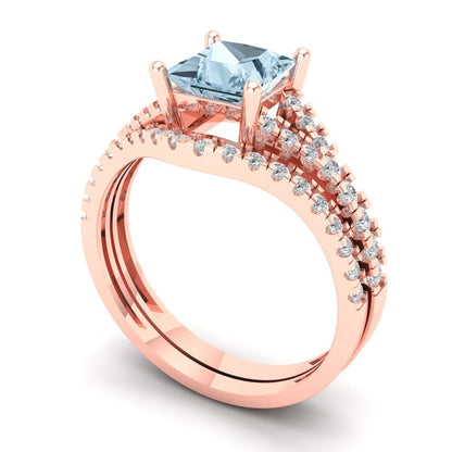 3.4 cttw Princess Cut Simulated Blue Diamond Bridal Set - Solid Rose Gold Engagement Ring & Wedding Band