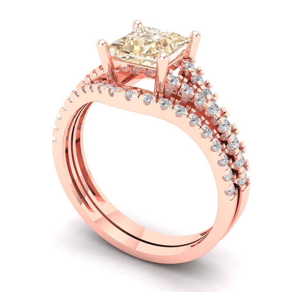 3.4 cttw Princess Cut Natural Morganite Bridal Set - Solid Rose Gold Engagement Ring & Wedding Band