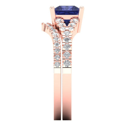 3.4 cttw Princess Cut Simulated Tanzanite Bridal Set - Solid Rose Gold Engagement Ring & Wedding Band
