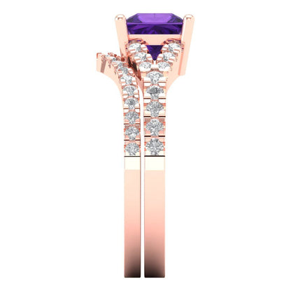 3.4 cttw Princess Cut Natural Amethyst Bridal Set - Solid Rose Gold Engagement Ring & Wedding Band