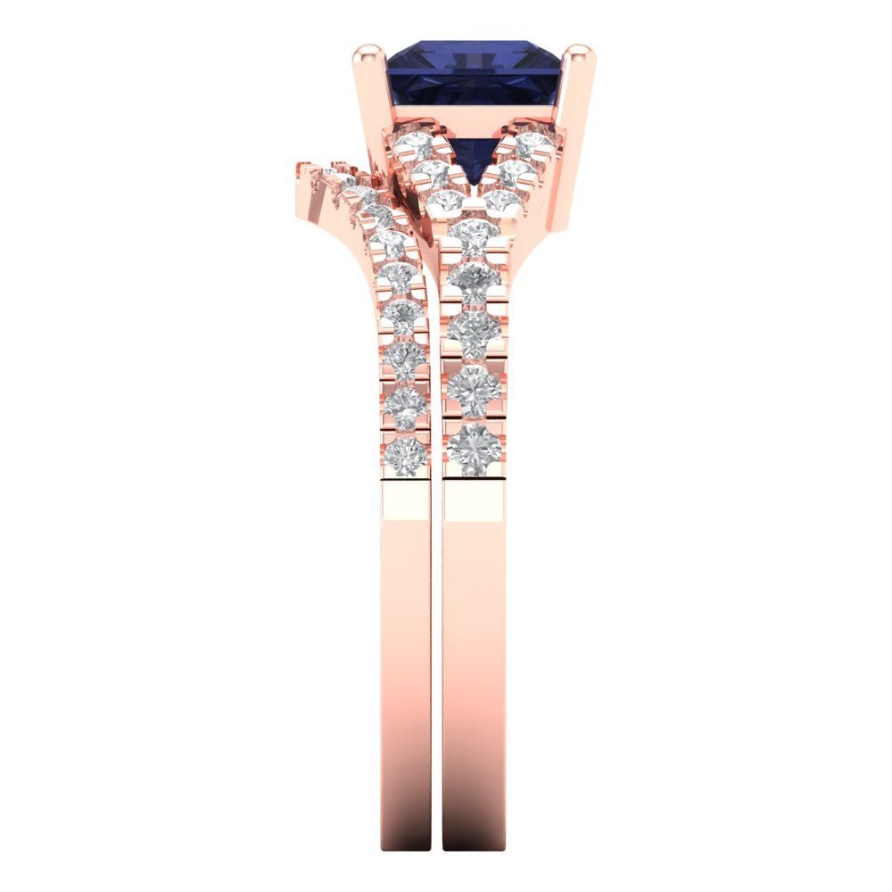3.4 cttw Princess Cut Simulated Blue Sapphire Bridal Set - Solid Rose Gold Engagement Ring & Wedding Band