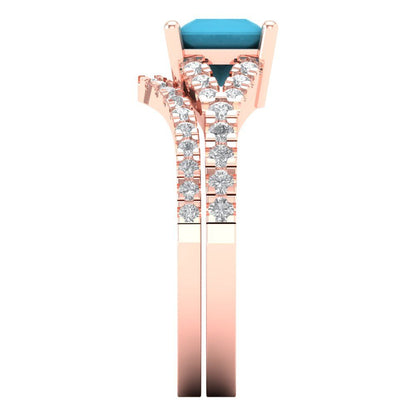 3.4 cttw Princess Cut Simulated Turquoise Bridal Set - Solid Rose Gold Engagement Ring & Wedding Band