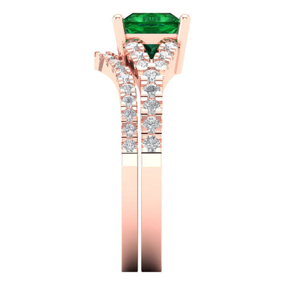 3.4 cttw Princess Cut Simulated Emerald Bridal Set - Solid Rose Gold Engagement Ring & Wedding Band