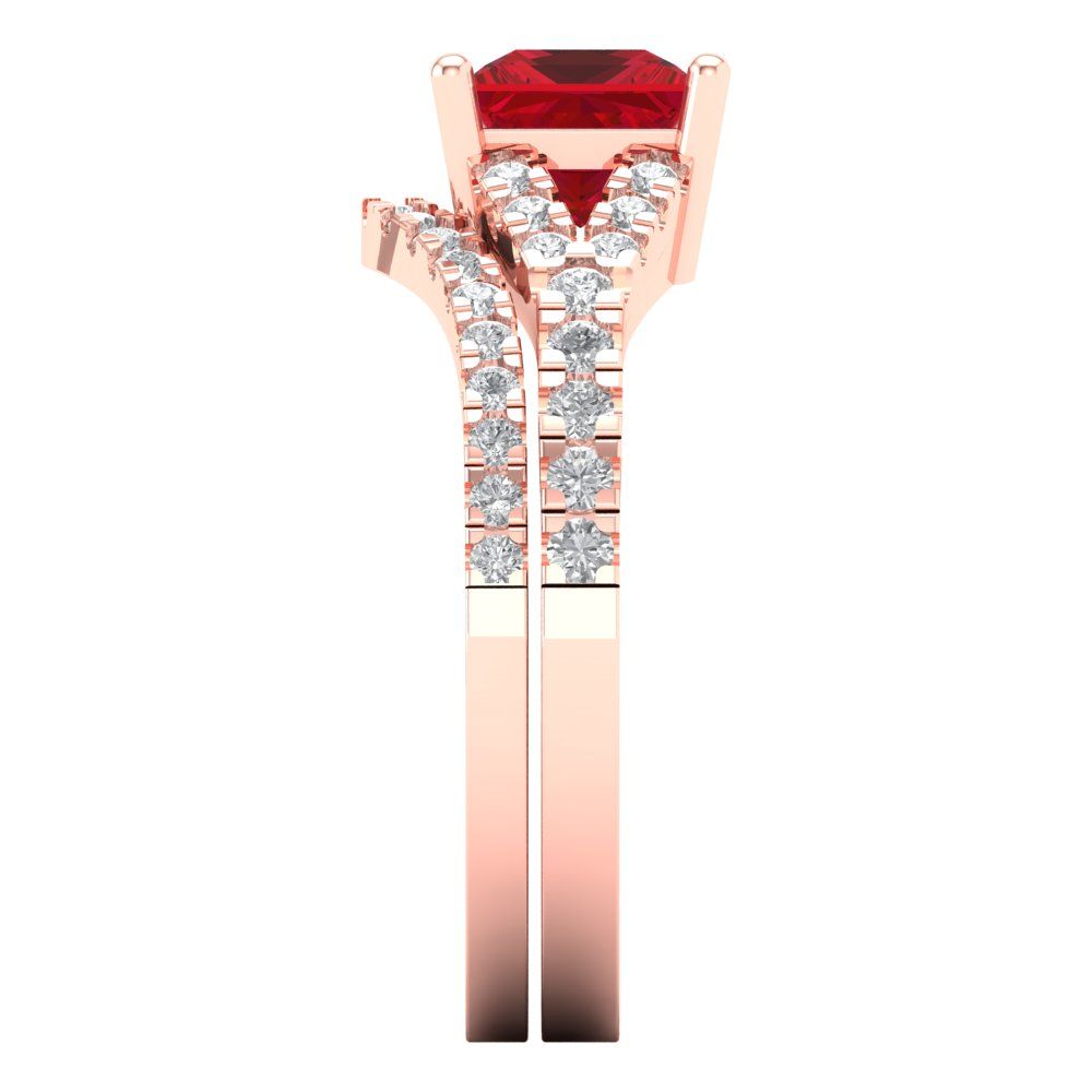 3.4 cttw Princess Cut Simulated Ruby Bridal Set - Solid Rose Gold Engagement Ring & Wedding Band